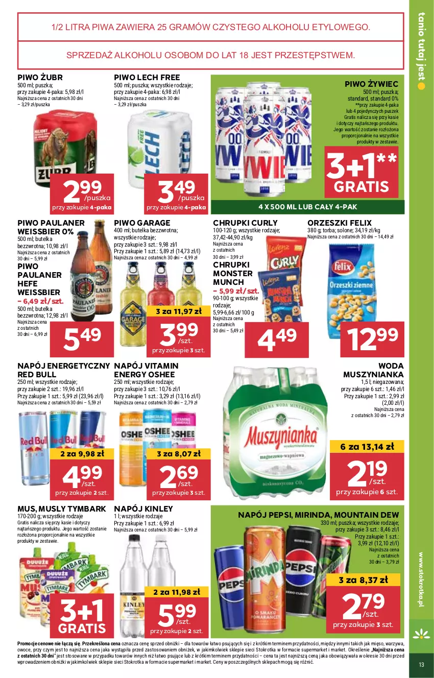 Gazetka promocyjna Stokrotka - Market - ważna 13.03 do 19.03.2025 - strona 15 - produkty: Chrupki, Felix, Gra, Mięso, Mirinda, Monster Munch, Mus, Muszynianka, Napój, Napój energetyczny, Orzeszki, Oshee, Owoce, Pepsi, Piwa, Piwo, Por, Red Bull, Torba, Tymbark, Warzywa, Woda