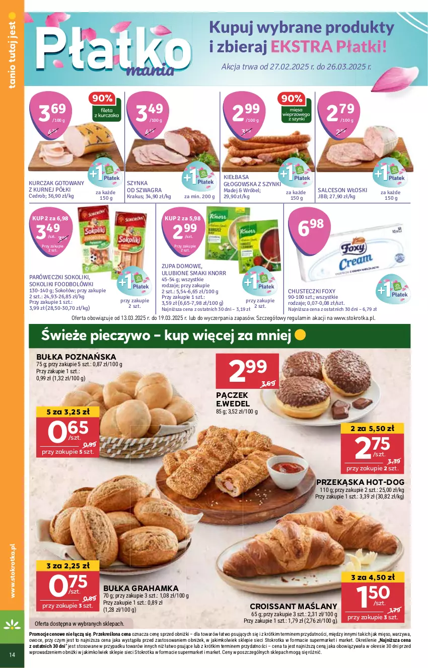 Gazetka promocyjna Stokrotka - Market - ważna 13.03 do 19.03.2025 - strona 16 - produkty: Bułka, Bułka grahamka, Chusteczki, Croissant, Foxy, Gra, Kiełbasa, Kiełbasa głogowska, Knorr, Krakus, Kurczak, Kurczak gotowany, Mięso, Owoce, Pączek, Piec, Pieczywo, Salceson, Sok, Sokołów, Szynka, Warzywa, Zupa