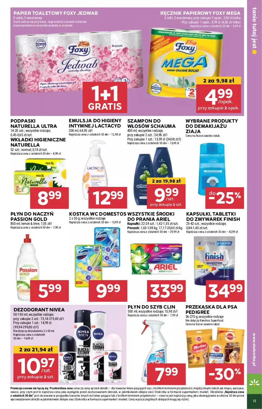 Gazetka promocyjna Stokrotka - Market - ważna 13.03 do 19.03.2025 - strona 17 - produkty: Ariel, Clin, Dezodorant, Domestos, Emulsja, Finish, Foxy, Gra, Lactacyd, Makijaż, Mięso, Naturell, Naturella, Nivea, Owoce, Papier, Papier toaletowy, Pedigree, Płyn do szyb, Podpaski, Por, Ręcznik, Rolki, Schauma, Szampon, Tablet, Warzywa, Wkładki, Ziaja