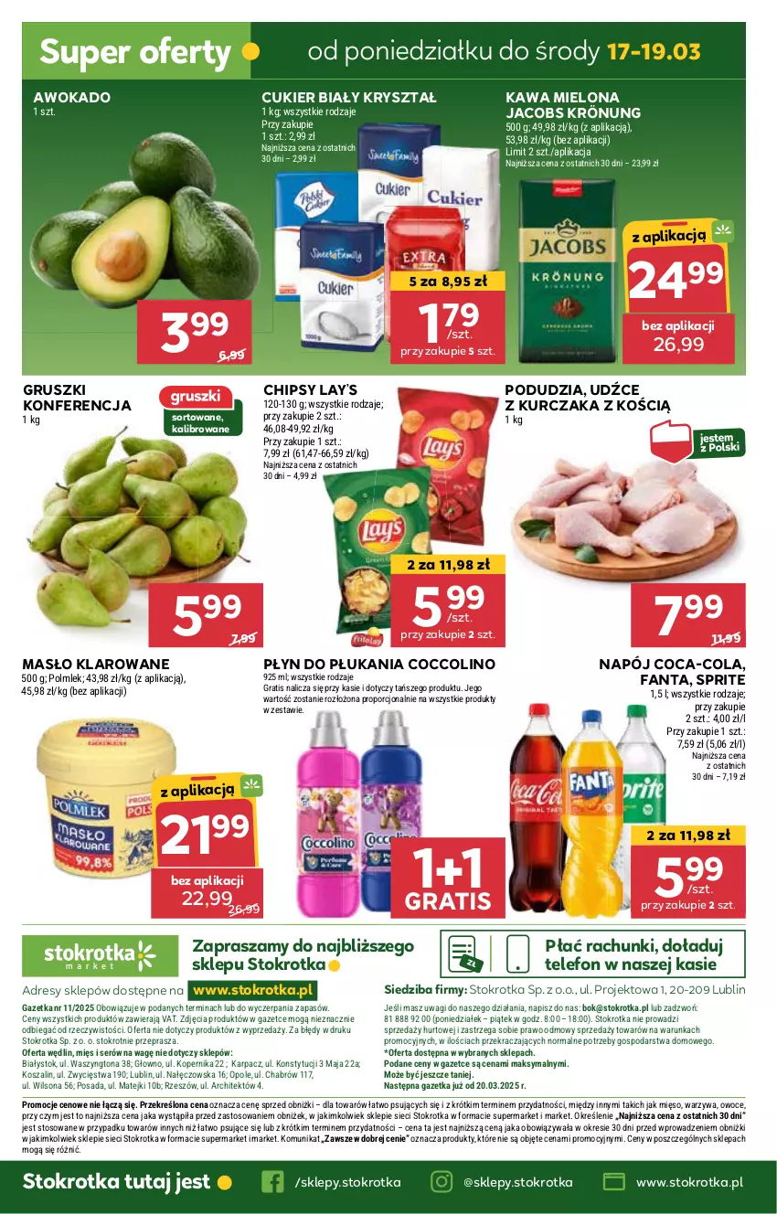 Gazetka promocyjna Stokrotka - Market - ważna 13.03 do 19.03.2025 - strona 18 - produkty: Chipsy, Coca-Cola, Coccolino, Cukier, Dres, Fa, Fanta, Gra, Gruszki, Jacobs, Jacobs Krönung, JBL, Kawa, Kawa mielona, Kurczak, Lay’s, Masło, Masło klarowane, Mięso, Napój, O nas, Owoce, Płyn do płukania, Por, Ser, Sprite, Szal, Telefon, Wagi, Warzywa