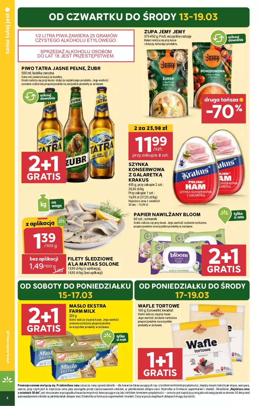 Gazetka promocyjna Stokrotka - Market - ważna 13.03 do 19.03.2025 - strona 4 - produkty: Fa, Farm Milk, Gala, Gra, Krakus, Masło, Mięso, Owoce, Papier, Piwa, Piwo, Por, Rum, Ser, Szynka, Szynka konserwowa, Tatra, Wafle, Wafle tortowe, Warzywa, Zupa