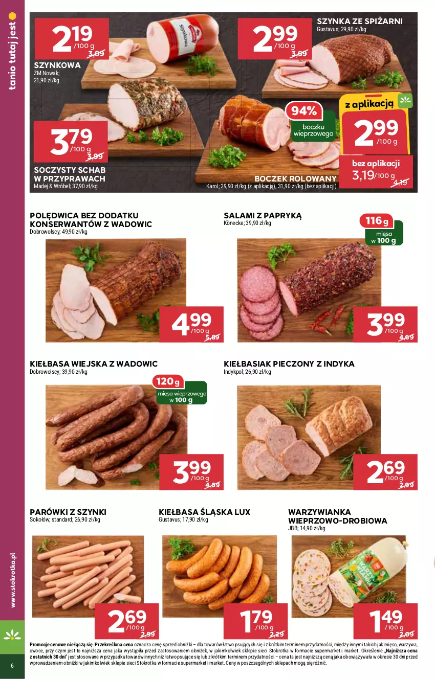 Gazetka promocyjna Stokrotka - Market - ważna 13.03 do 19.03.2025 - strona 6 - produkty: Basia, Boczek, Kiełbasa, Kiełbasa śląska, Kiełbasa wiejska, Mięso, Owoce, Parówki, Parówki z szynki, Piec, Polędwica, Salami, Salami z papryką, Ser, Sok, Sokołów, Szynka, Warzywa