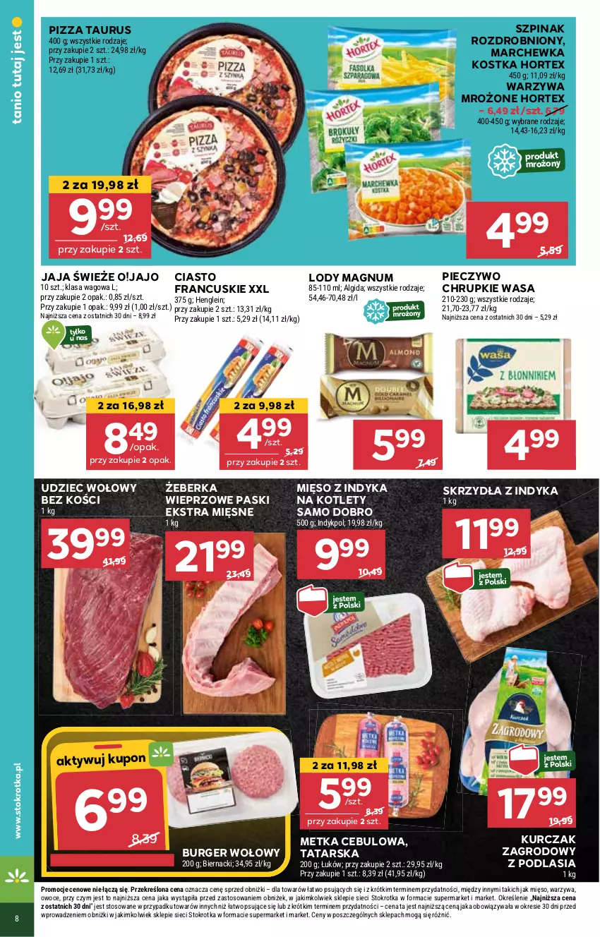 Gazetka promocyjna Stokrotka - Market - ważna 13.03 do 19.03.2025 - strona 8 - produkty: Burger, Chrupki, Ciasto francuskie, Hortex, Jaja, Kotlet, Kurczak, LG, Lody, Marchewka, Mięso, Mięso z indyka, Owoce, Piec, Pieczywo, Pieczywo chrupkie, Pizza, Szpinak, Udziec wołowy, Warzywa, Wasa