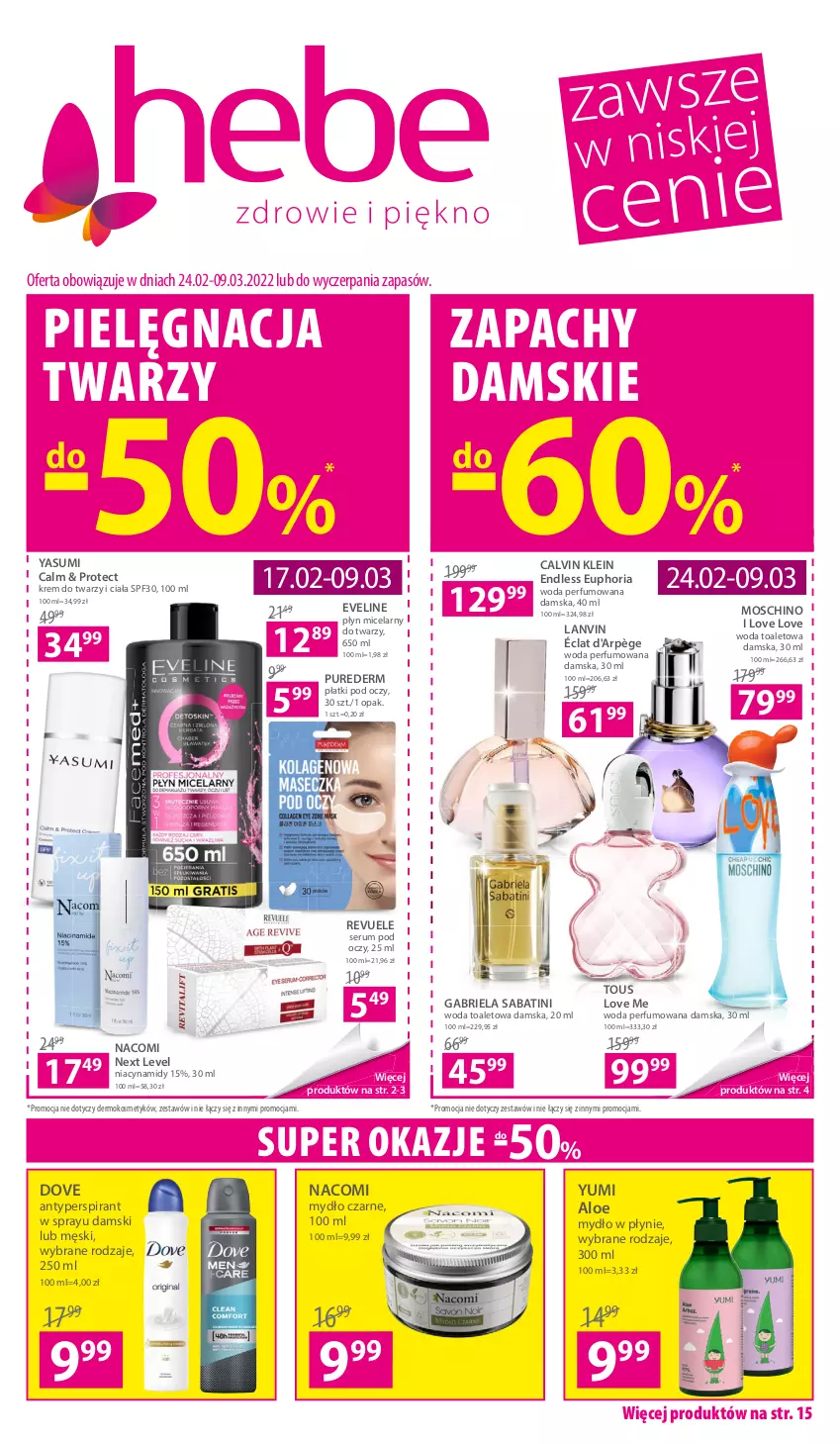 Gazetka promocyjna Hebe - Gazetka - ważna 24.02 do 09.03.2022 - strona 1 - produkty: Antyperspirant, Brie, Calvin Klein, Dove, Eveline, Gabriela Sabatini, Krem do twarzy, Lanvin, Moschino, Mydło, Mydło w płynie, Nacomi, Perfum, Płyn micelarny, Pur, Revuele, Rum, Ser, Serum, Serum pod oczy, Woda, Woda perfumowana, Woda toaletowa