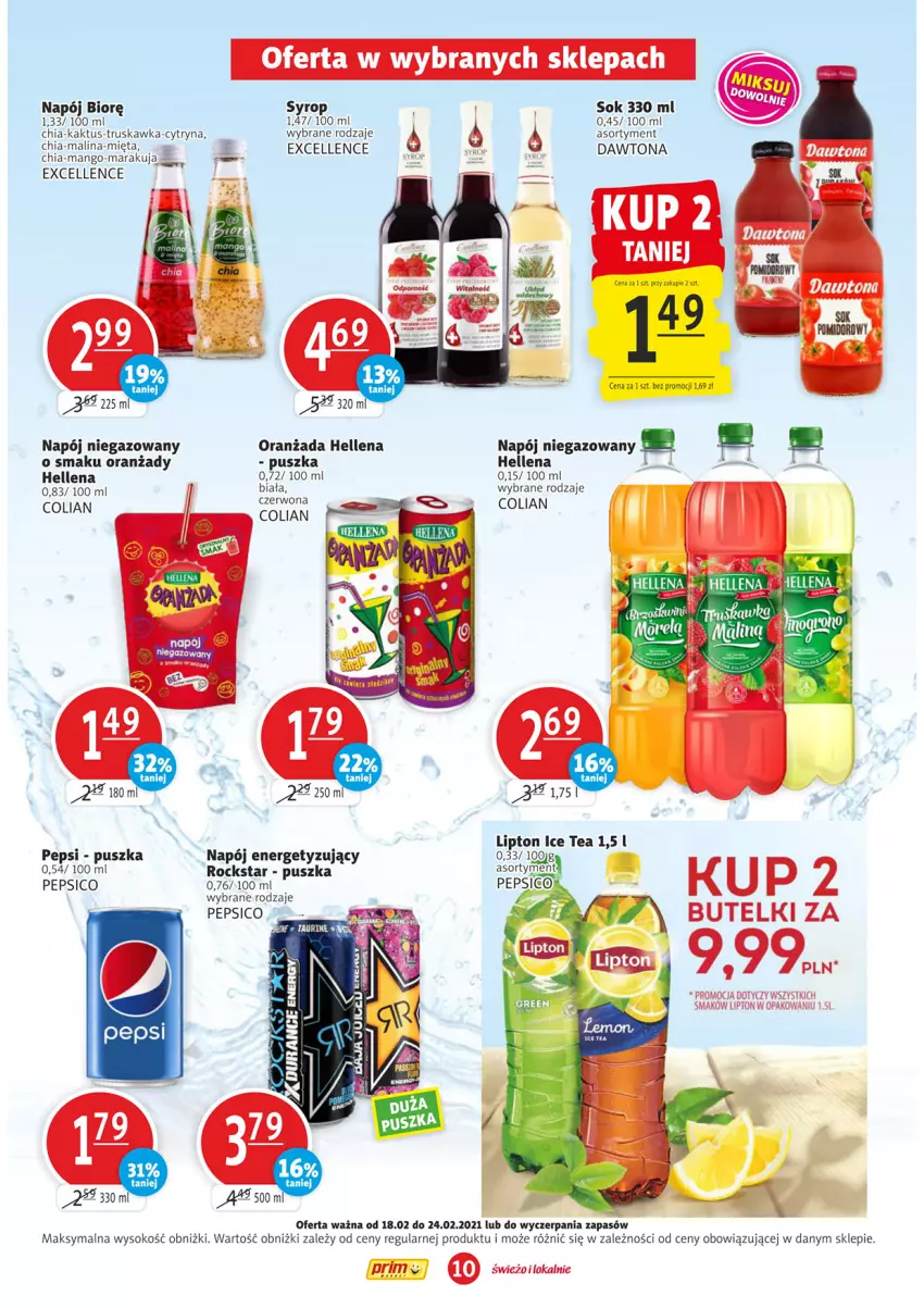 Gazetka promocyjna Prim Market - Gazetka - ważna 18.02 do 24.02.2021 - strona 10 - produkty: Chia, Dawtona, Hellena, Ice tea, Kaktus, Lipton, Mango, Mięta, Napój, Napój niegazowany, Oranżada, Pepsi, Sok, Syrop