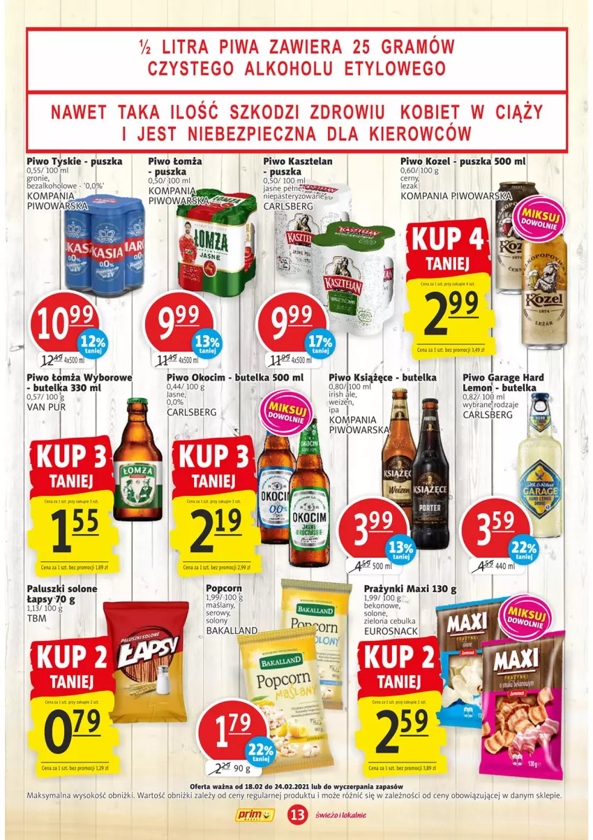 Gazetka promocyjna Prim Market - Gazetka - ważna 18.02 do 24.02.2021 - strona 13 - produkty: Bakalland, Beko, Carlsberg, Gra, Kasztelan, Koc, Kozel, Książęce, Okocim, Piec, Piwa, Piwo, Popcorn, Sok, Tyskie