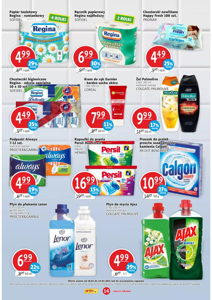 Gazetka promocyjna Prim Market - Gazetka - ważna 18.02 do 24.02.2021 - strona 14 - produkty: Ajax, Always, Calgon, Chusteczki, Colgate, Garnier, Gin, Kapsułki do prania, Krem do rąk, Lenor, LG, Palmolive, Papier, Papier toaletowy, Persil, Płyn do mycia, Płyn do płukania, Podpaski, Ręcznik, Rum, Ser, Sok