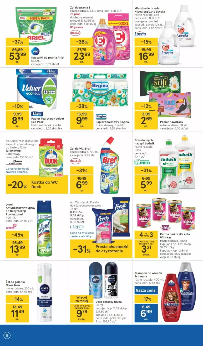 Gazetka promocyjna Tesco - Tesco gazetka - przyszły tydzień - ważna 29.07 do 04.08.2021 - strona 6 - produkty: Antybakteryjny spray, Ariel, Bref, Budzik, Chusteczki, Chusteczki do czyszczenia, Do mycia naczyń, Duck, Gin, Lovela, Ludwik, Lysol, Mleczko, Mleczko do prania, Nivea, Nivea Men, Papier, Papier toaletowy, Płyn do mycia, Płyn do mycia naczyń, Presto, Rolki, Rum, Szampon, Velvet, Whiskas