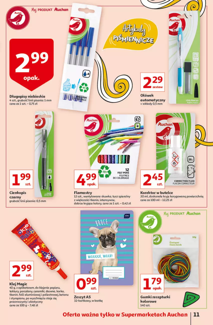 Gazetka promocyjna Auchan - Rysuje się dla każdego coś super taniego Supermarkety - ważna 12.08 do 18.08.2021 - strona 11 - produkty: Długopis, Flamastry, Klej, Orka, Papier, Por, Tusz