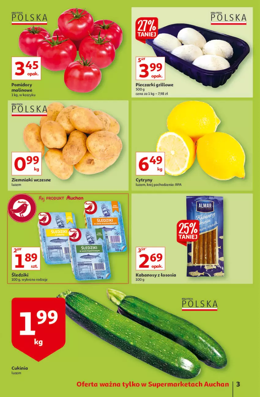 Gazetka promocyjna Auchan - Rysuje się dla każdego coś super taniego Supermarkety - ważna 12.08 do 18.08.2021 - strona 3 - produkty: Cytryny, Grill, Kabanos, Kosz, Piec, Pomidory, Sos, Ziemniaki