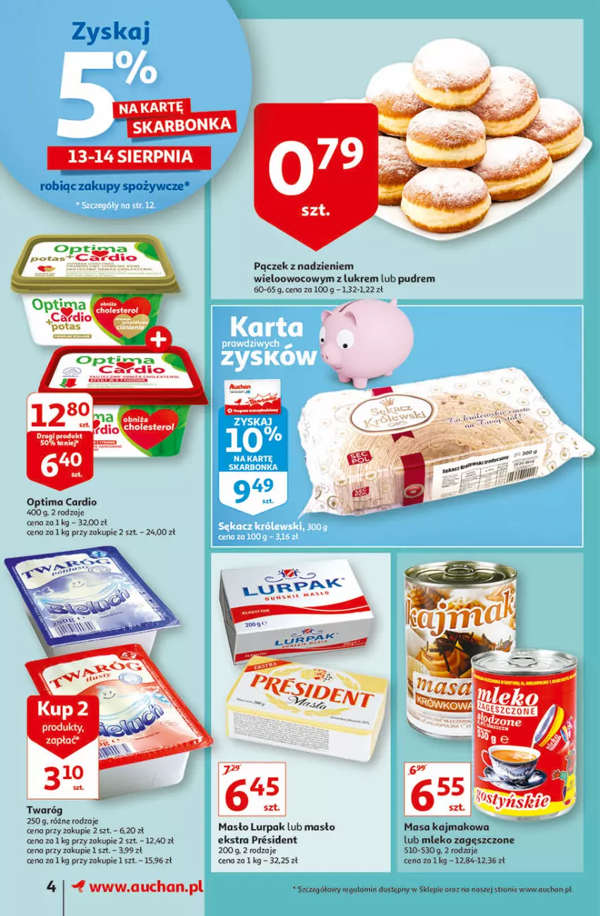 Gazetka promocyjna Auchan - Rysuje się dla każdego coś super taniego Supermarkety - ważna 12.08 do 18.08.2021 - strona 4 - produkty: Lurpak, Masło, Mleko, Mleko zagęszczone, Optima, Optima Cardio, Pączek