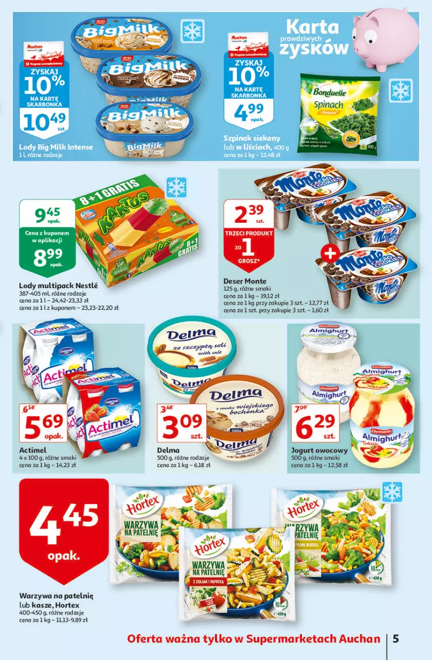 Gazetka promocyjna Auchan - Rysuje się dla każdego coś super taniego Supermarkety - ważna 12.08 do 18.08.2021 - strona 5 - produkty: Actimel, Delma, Deser, Hortex, Jogurt, Jogurt owocowy, Lody, Monte, Ser, Warzywa