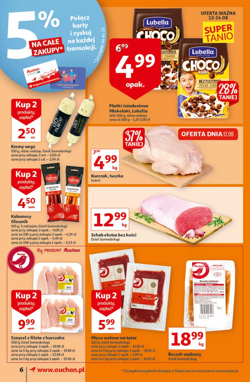 Gazetka promocyjna Auchan - Rysuje się dla każdego coś super taniego Supermarkety - ważna 12.08 do 18.08.2021 - strona 6 - produkty: Bell, Bella, Boczek, Danio, Kabanos, Kurczak, Lubella, Mięso, Mięso wołowe, Mleko, Olewnik, Tran, Tusz