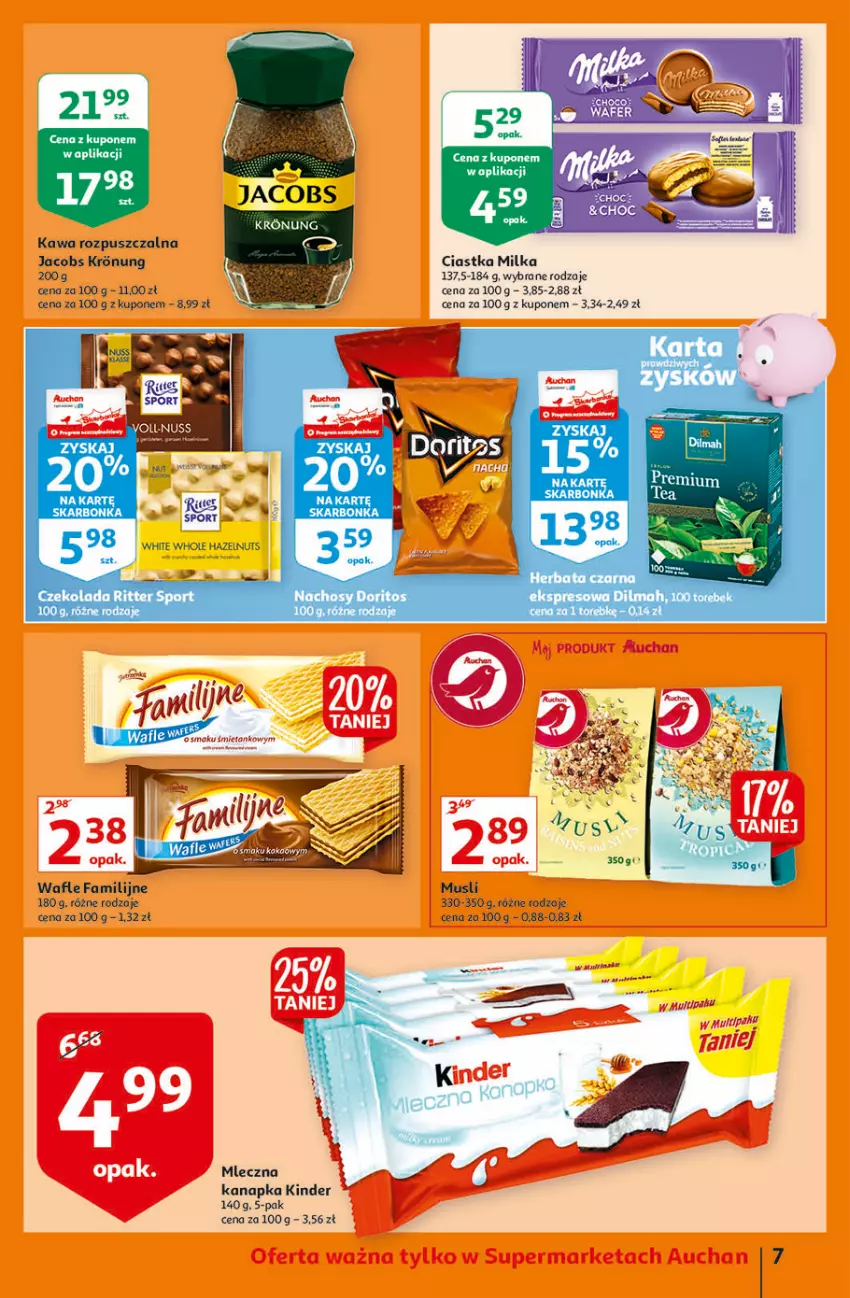 Gazetka promocyjna Auchan - Rysuje się dla każdego coś super taniego Supermarkety - ważna 12.08 do 18.08.2021 - strona 7 - produkty: Ciastka, Czekolada, Dilmah, Fa, HP, Jacobs, Kawa, Kawa rozpuszczalna, Kinder, Milka, Mus, Wafle