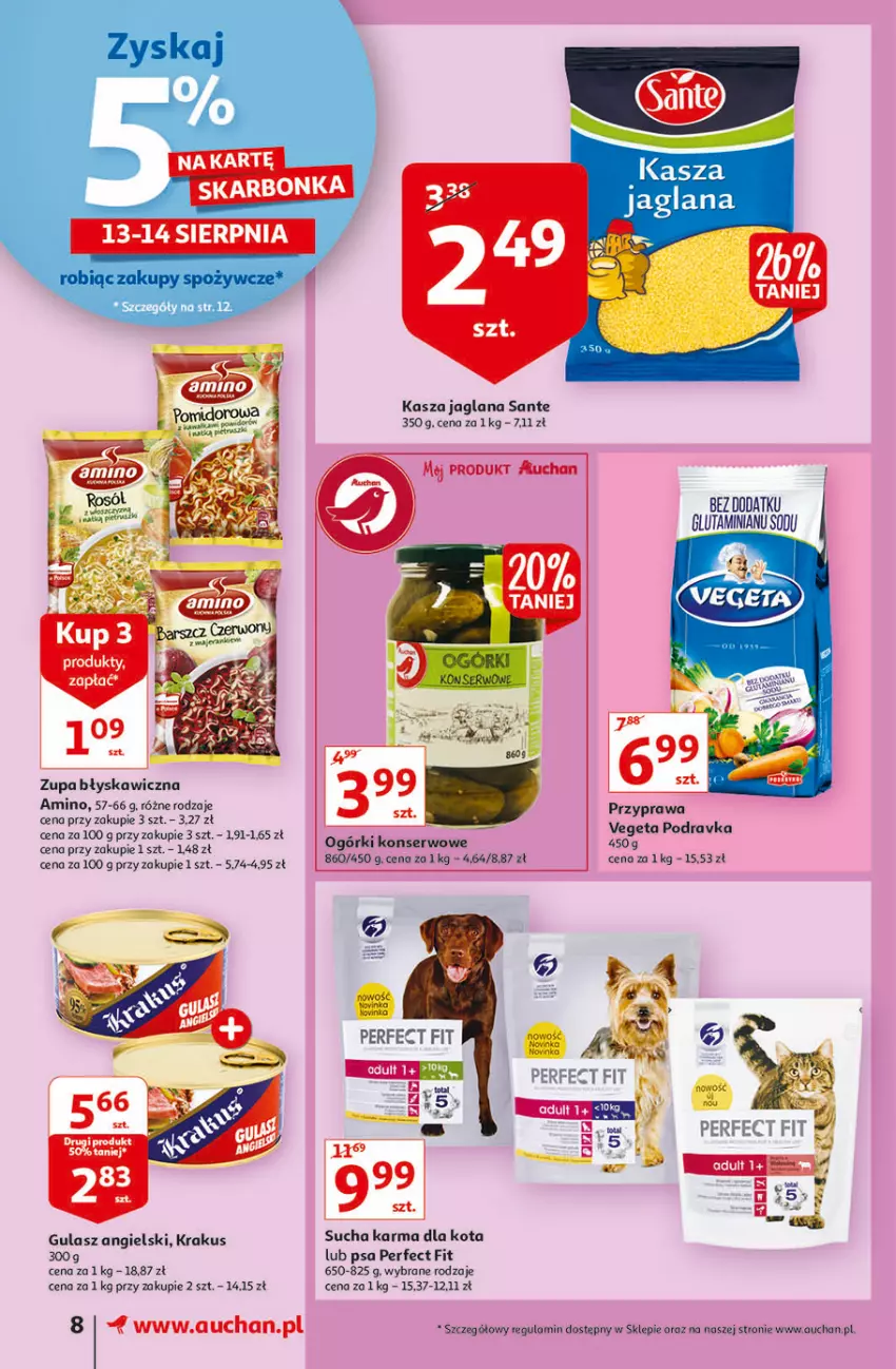 Gazetka promocyjna Auchan - Rysuje się dla każdego coś super taniego Supermarkety - ważna 12.08 do 18.08.2021 - strona 8 - produkty: Kasza, Kasza jaglana, Krakus, LANA, Ogórki konserwowe, Sante, Ser, Sucha karma, Zupa