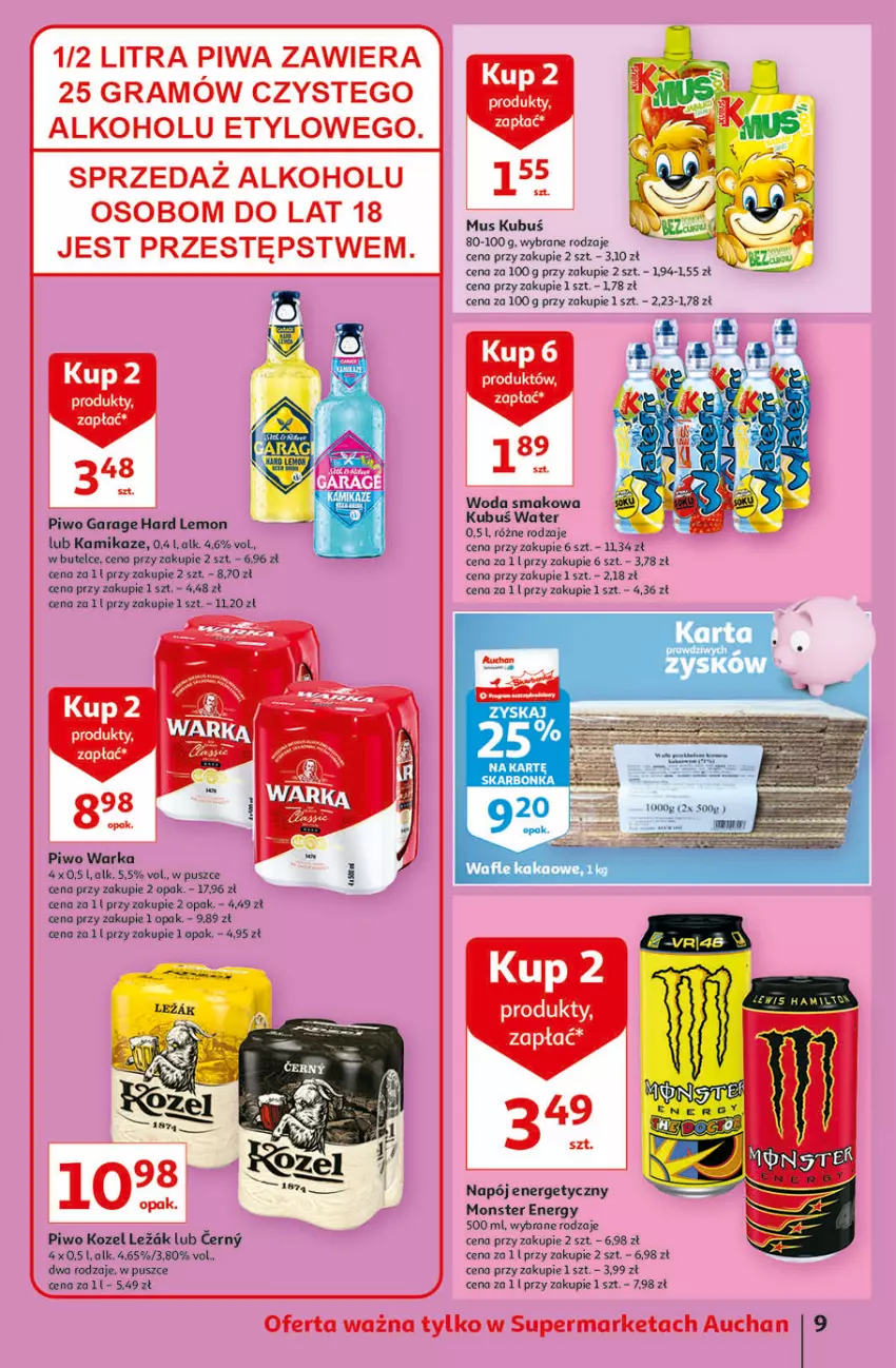 Gazetka promocyjna Auchan - Rysuje się dla każdego coś super taniego Supermarkety - ważna 12.08 do 18.08.2021 - strona 9 - produkty: Gra, Kozel, Kubuś, Mus, Napój, Napój energetyczny, Piwa, Piwo, Warka, Woda