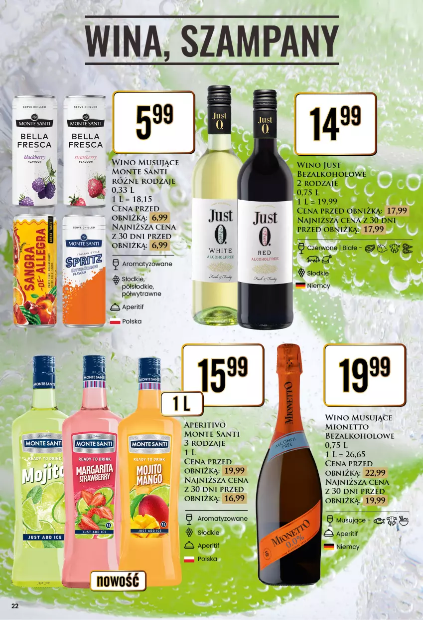 Gazetka promocyjna Dino - Katalog alkoholowy / marzec 2024 - ważna 25.03 do 30.03.2024 - strona 22 - produkty: Bell, Bella, Fa, Lack, Mionetto, Monte, Monte Santi, Mus, Wino, Wino musujące