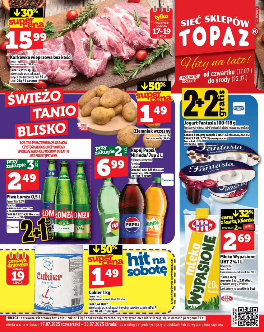 Gazetka promocyjna Topaz - Gazetka - ważna 17.07 do 23.07.2025 - strona 1 - produkty: Cukier, Karkówka wieprzowa, Mleko, Waga