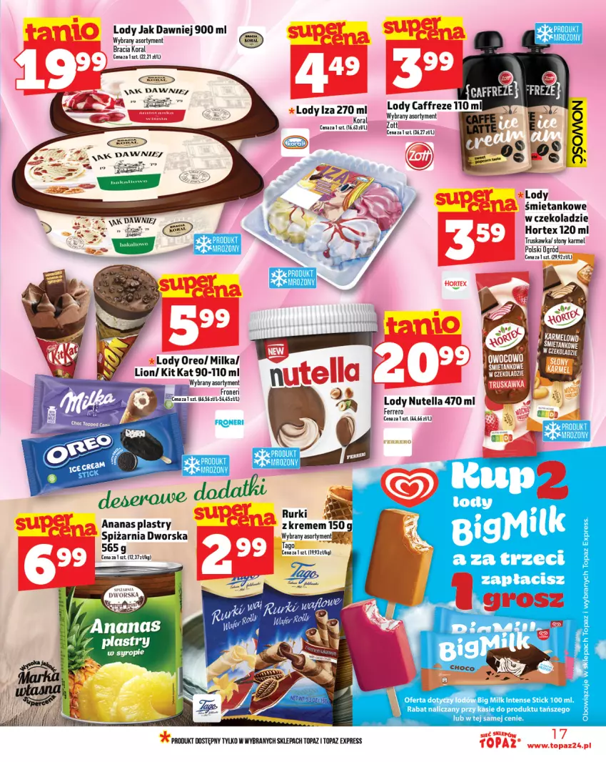 Gazetka promocyjna Topaz - Gazetka - ważna 17.07 do 23.07.2025 - strona 17 - produkty: Ananas, Big Milk, Ferrero, Hortex, Kit Kat, Lion, Lody, Milka, Nutella, Ogród, Oreo, Rurki, Top, Zott