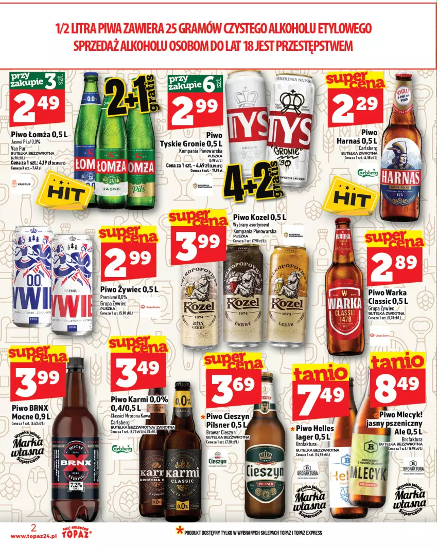 Gazetka promocyjna Topaz - Gazetka - ważna 17.07 do 23.07.2025 - strona 2 - produkty: Carlsberg, Fa, Harnaś, Karmi, Kawa, Kozel, LG, Piwo, Piwo jasne, Pur, Top, Tyskie, Warka
