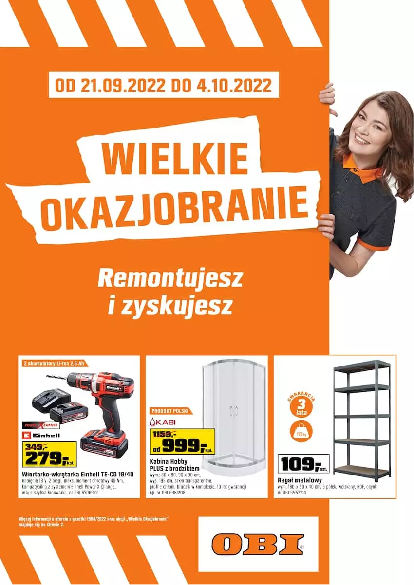 Gazetka promocyjna Obi - Gazetka OBI - ważna 21.09 do 04.10.2022 - strona 1 - produkty: Brodzik, Cynk, Einhell, Hobby, Regał, Regał metalowy, Tarka, Warka, Wkręt, Wkrętarka