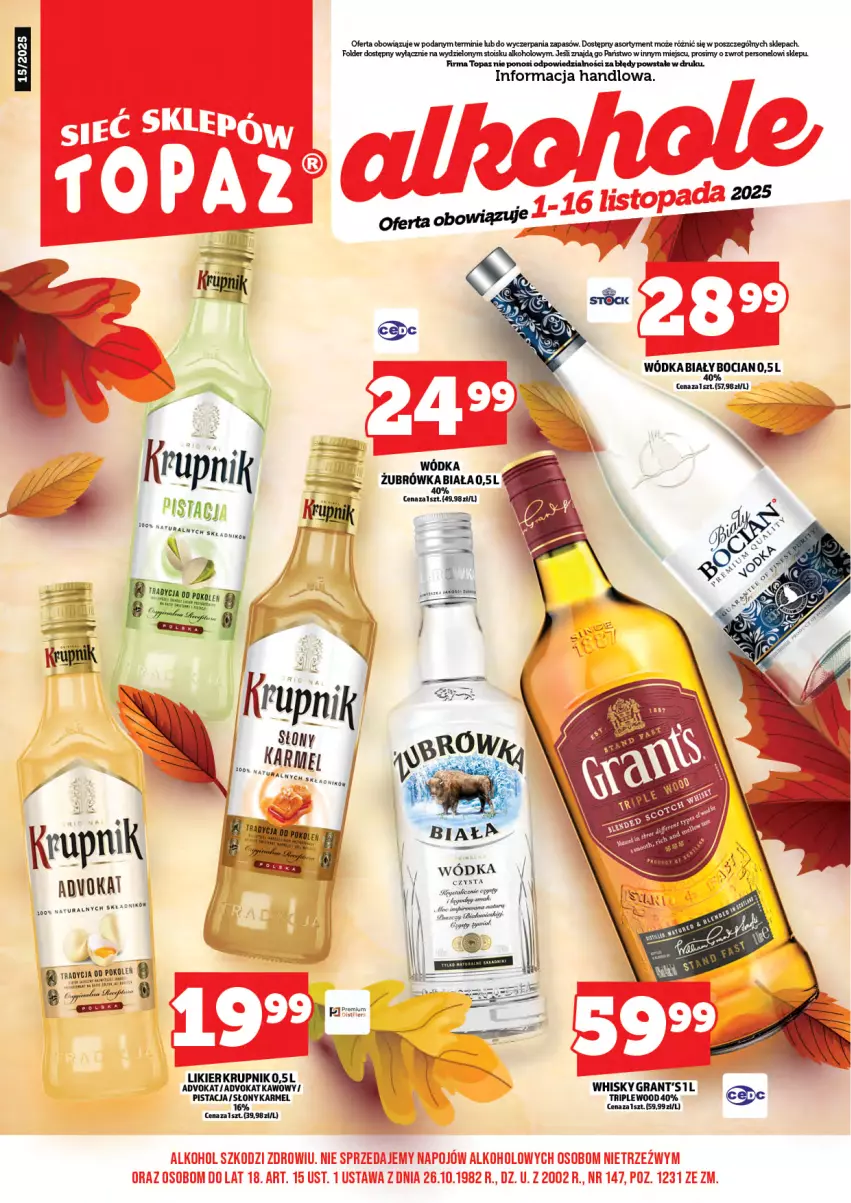 Gazetka promocyjna Topaz - Gazetka - ważna 01.11 do 16.11.2025 - strona 3 - produkty: Biały Bocian, Krupnik, Likier, Top, Wódka