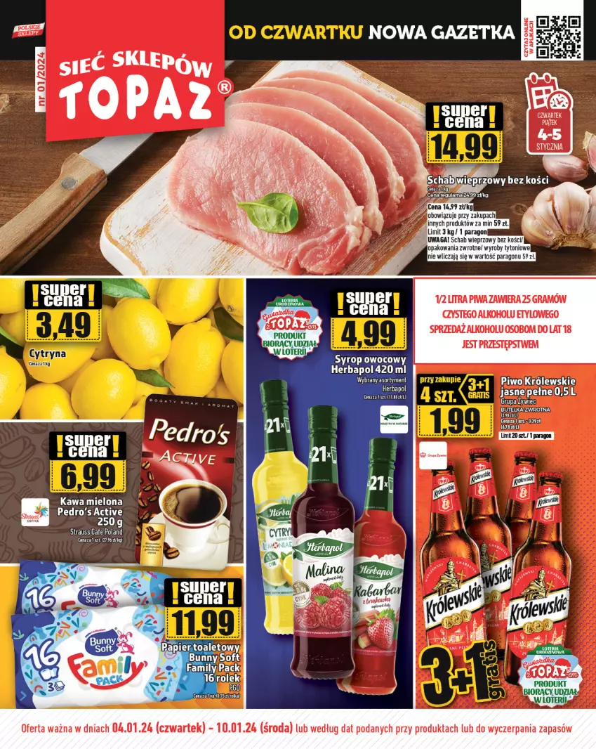 Gazetka promocyjna Topaz - Gazetka - ważna 04.01 do 10.01.2024 - strona 1 - produkty: Gra, Herbapol, Kawa, Kawa mielona, Królewski, Piwa, Piwo, Schab wieprzowy, Syrop, Waga