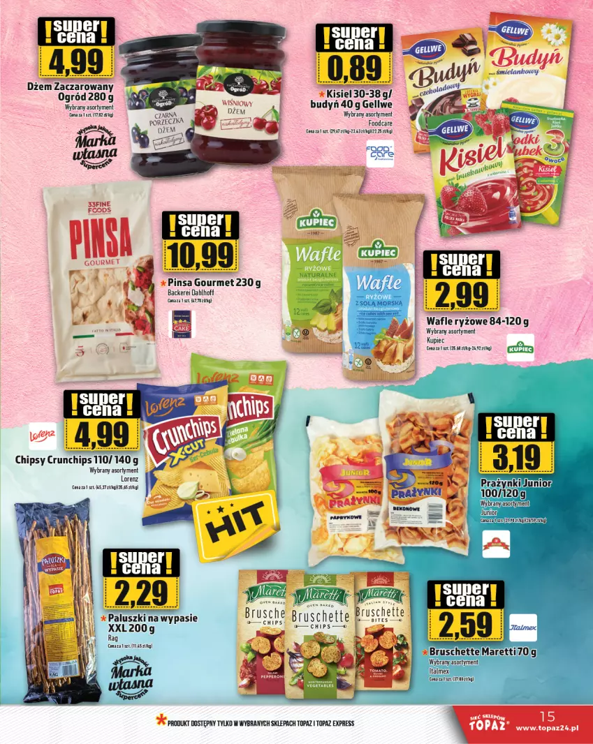 Gazetka promocyjna Topaz - Gazetka - ważna 04.01 do 10.01.2024 - strona 15 - produkty: Bruschette, Budyń, Chipsy, Crunchips, Dżem, Fa, Kisiel, Kupiec, Lorenz, Ogród, Piec, Por, Ryż, Top, Wafle