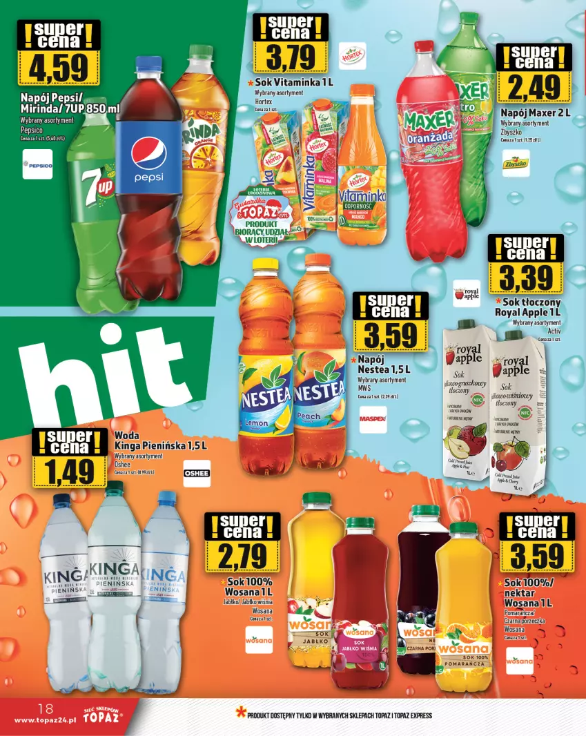 Gazetka promocyjna Topaz - Gazetka - ważna 04.01 do 10.01.2024 - strona 18 - produkty: 7up, Hortex, Inka, Maxer, Mirinda, Napój, Nektar, Nestea, Oshee, Pepsi, Por, Sok, Top, Woda, Wosana