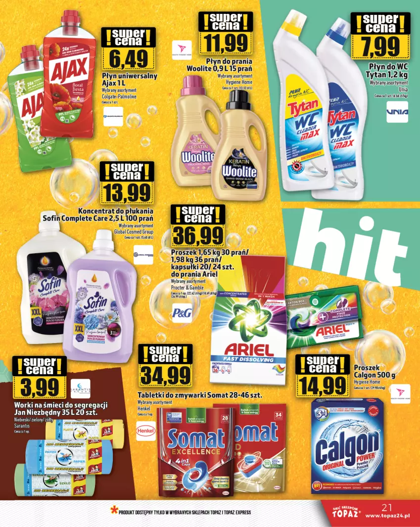 Gazetka promocyjna Topaz - Gazetka - ważna 04.01 do 10.01.2024 - strona 21 - produkty: Ajax, Ariel, Colgate, Jan Niezbędny, LG, Palmolive, Płyn do prania, Top, Tytan, Woolite, Worki na śmiec, Worki na śmieci