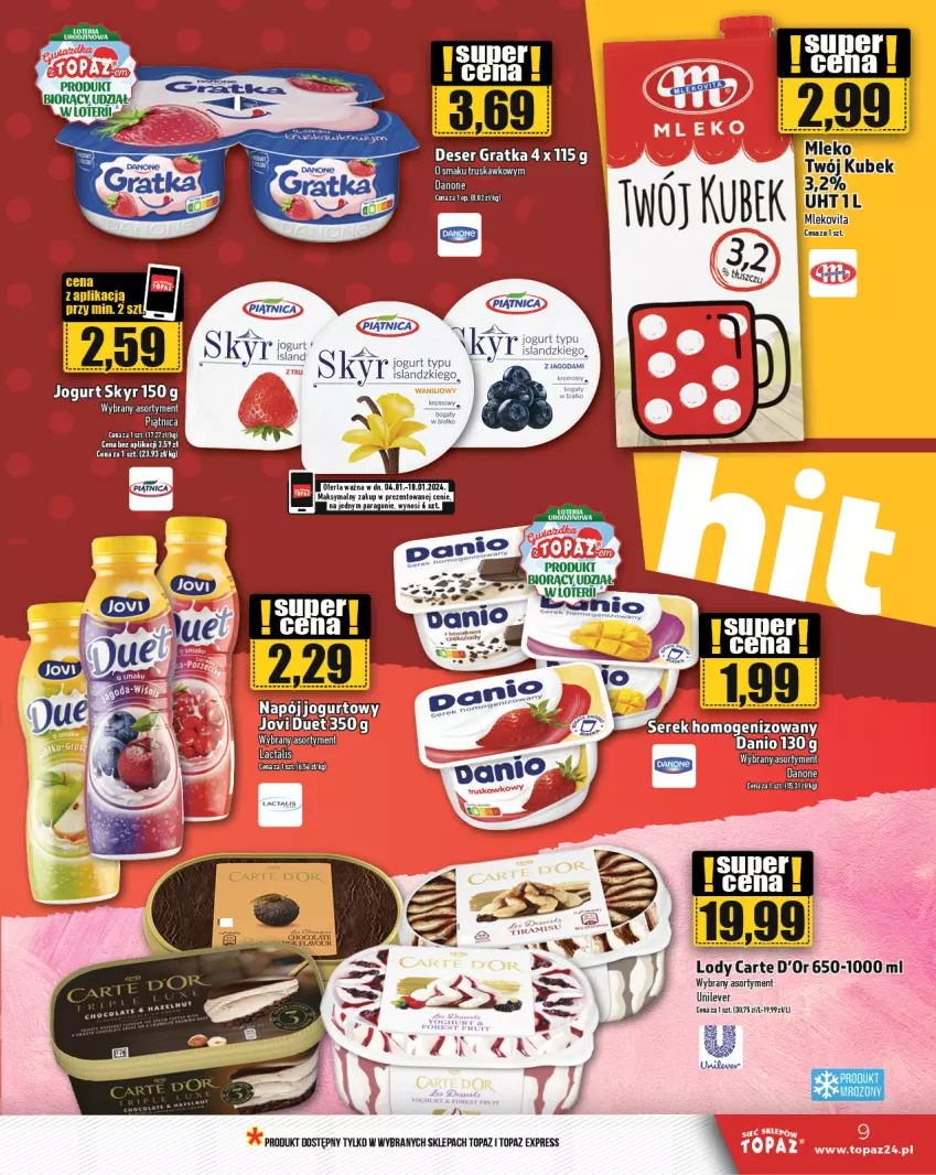 Gazetka promocyjna Topaz - Gazetka - ważna 04.01 do 10.01.2024 - strona 9 - produkty: Isla, Jogurt, Kubek, Lody, Piątnica, Top