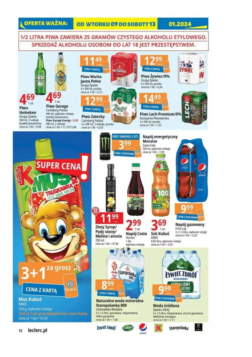 Gazetka promocyjna E Leclerc - ważna 09.01 do 20.01.2024 - strona 4 - produkty: Aronia, Carlsberg, Gra, Kubuś, LANA, Lech Premium, Mus, Napój, Napój energetyczny, Piwa, Piwo, Sok, Sos, Staropolanka