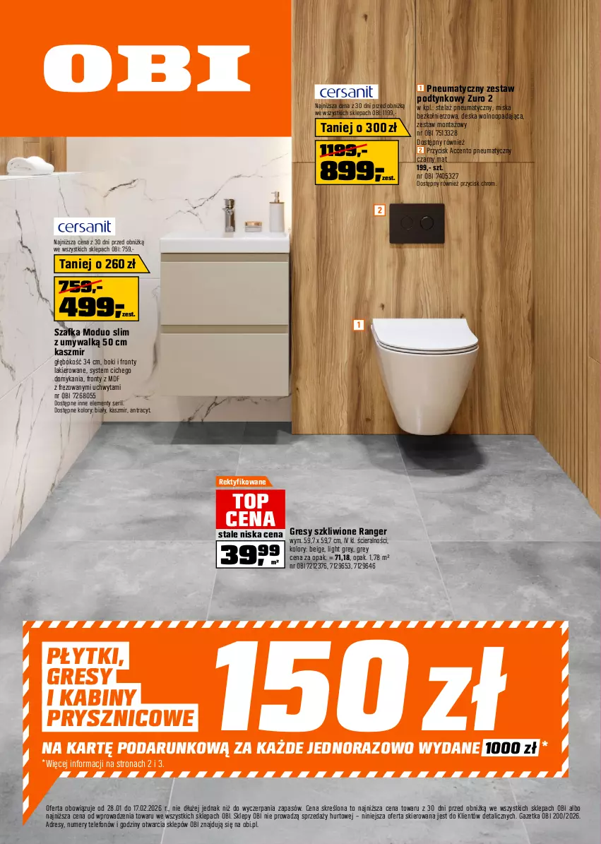 Gazetka promocyjna Obi - Gazetka OBI - ważna 28.01 do 17.02.2026 - strona 1 - produkty: Deska wolnoopadająca, Dres, Gres, Lakier, Miska, Ser, Szafka, Telefon, Top