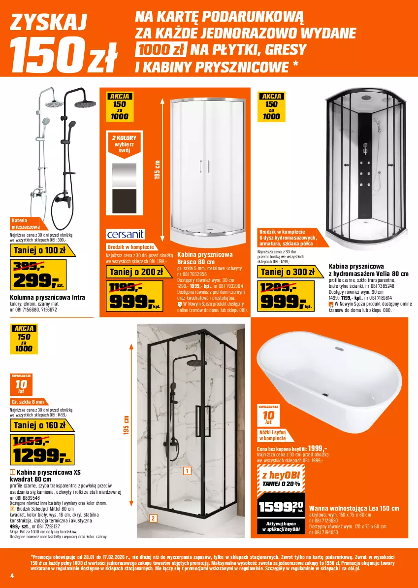 Gazetka promocyjna Obi - Gazetka OBI - ważna 28.01 do 17.02.2026 - strona 4 - produkty: Bateria, Bateria kuchenna, Bateria prysznicowa, Bateria umywalkowa, Bateria wannowa, Brodzik, Gra, Gres, Kabina prysznicowa, LANA, Meble, Meble łazienkowe, Półka, Rasco, Rolki, Ser, Słuchawka prysznicowa, Słuchawki, Słupek, Sok, Syfon, Szafka, Top, Tran, Uchwyty, Wanna