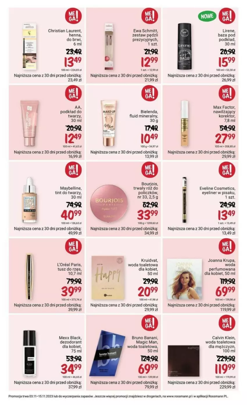 Gazetka promocyjna Rossmann - ważna 03.11 do 15.11.2023 - strona 17 - produkty: Bell, Bielenda, Bourjois, Calvin Klein, Dezodorant, Eveline, Fa, Joanna, Joanna Krupa, Lack, Laur, Lirene, Max Factor, Maybelline, Mexx, Perfum, Podkład, Róż do policzków, Tusz, Woda, Woda perfumowana, Woda toaletowa, Zestaw pędzli