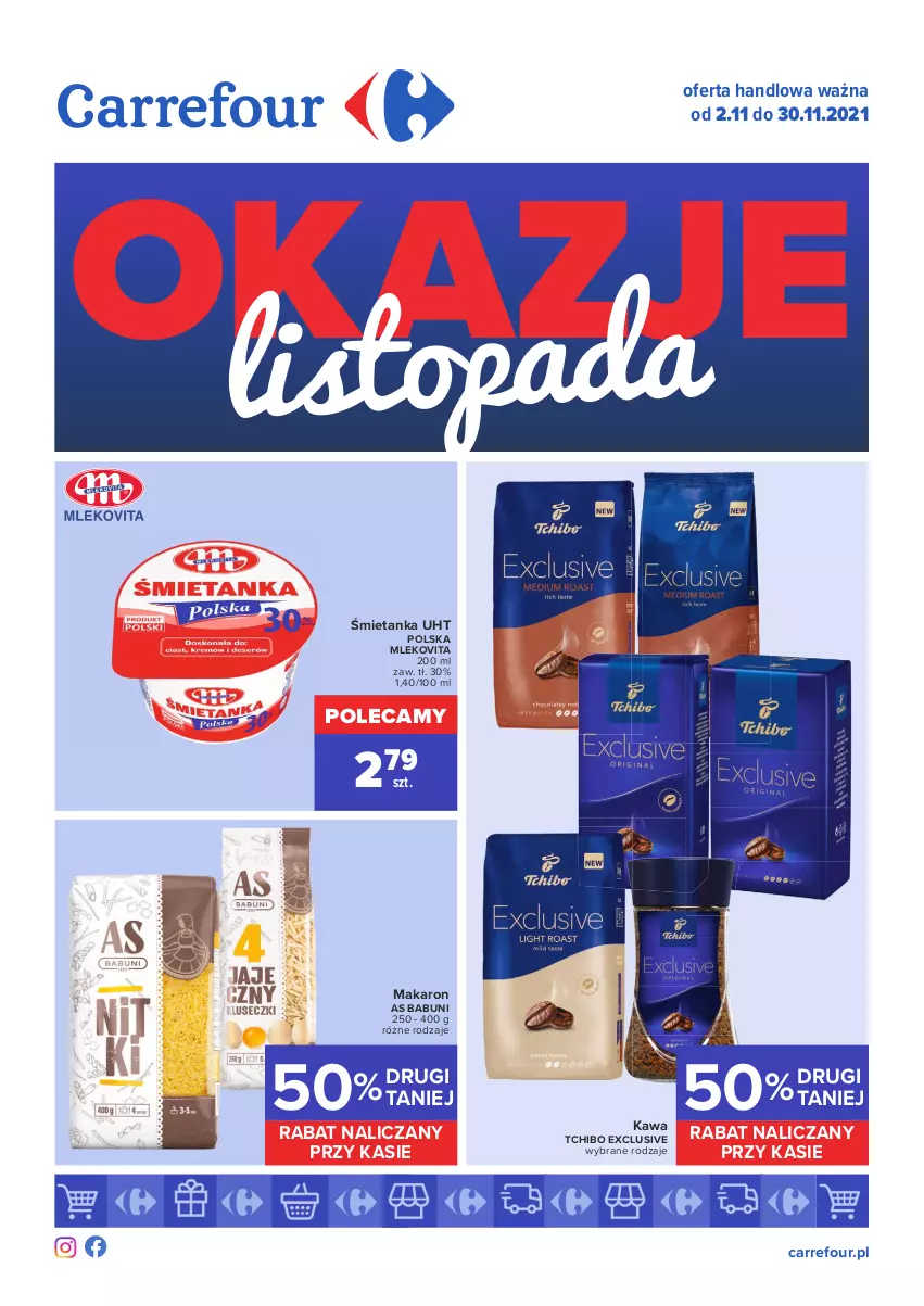 Gazetka promocyjna Carrefour - Gazetka Carrefour Okazje listopada - ważna 02.11 do 30.11.2021 - strona 1 - produkty: Babuni, Kawa, Makaron, Mleko, Mlekovita, Tchibo, Top