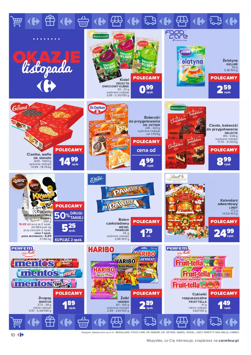 Gazetka promocyjna Carrefour - Gazetka Carrefour Okazje listopada - ważna 02.11 do 30.11.2021 - strona 10 - produkty: Babeczki, Bakalland, Baton, Ciastka, Cukier, Cukierki, Delecta, Dr Gerard, Dr. Oetker, Haribo, Kalendarz, Kalendarz adwentowy, Kisiel, Kosz, Kubek, Lindt, Mentos, Top, Wafle, Wawel