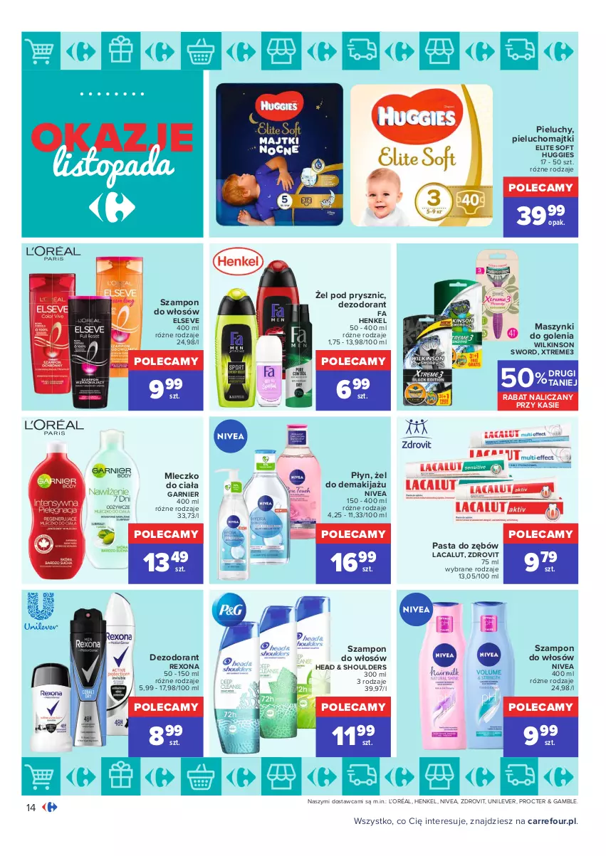 Gazetka promocyjna Carrefour - Gazetka Carrefour Okazje listopada - ważna 02.11 do 30.11.2021 - strona 14 - produkty: Dezodorant, Elseve, Fa, Garnier, Huggies, L’Oréal, Lacalut, Majtki, Makijaż, Mleczko, Mleczko do ciała, Nivea, Pasta do zębów, Pieluchomajtki, Pieluchy, Rexona, Szampon, Top, Wilkinson Sword