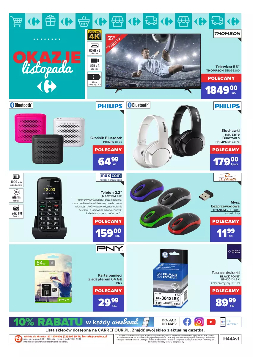 Gazetka promocyjna Carrefour - Gazetka Carrefour Okazje listopada - ważna 02.11 do 30.11.2021 - strona 20 - produkty: Budzik, Drukarki, Dzwonek, Głośnik, Głośnik bluetooth, Karta pamięci, Lack, Latarka, Mysz, Mysz bezprzewodowa, O nas, Philips, Słuchawki, Sos, Tarka, Telefon, Telewizor, Top, Tusz