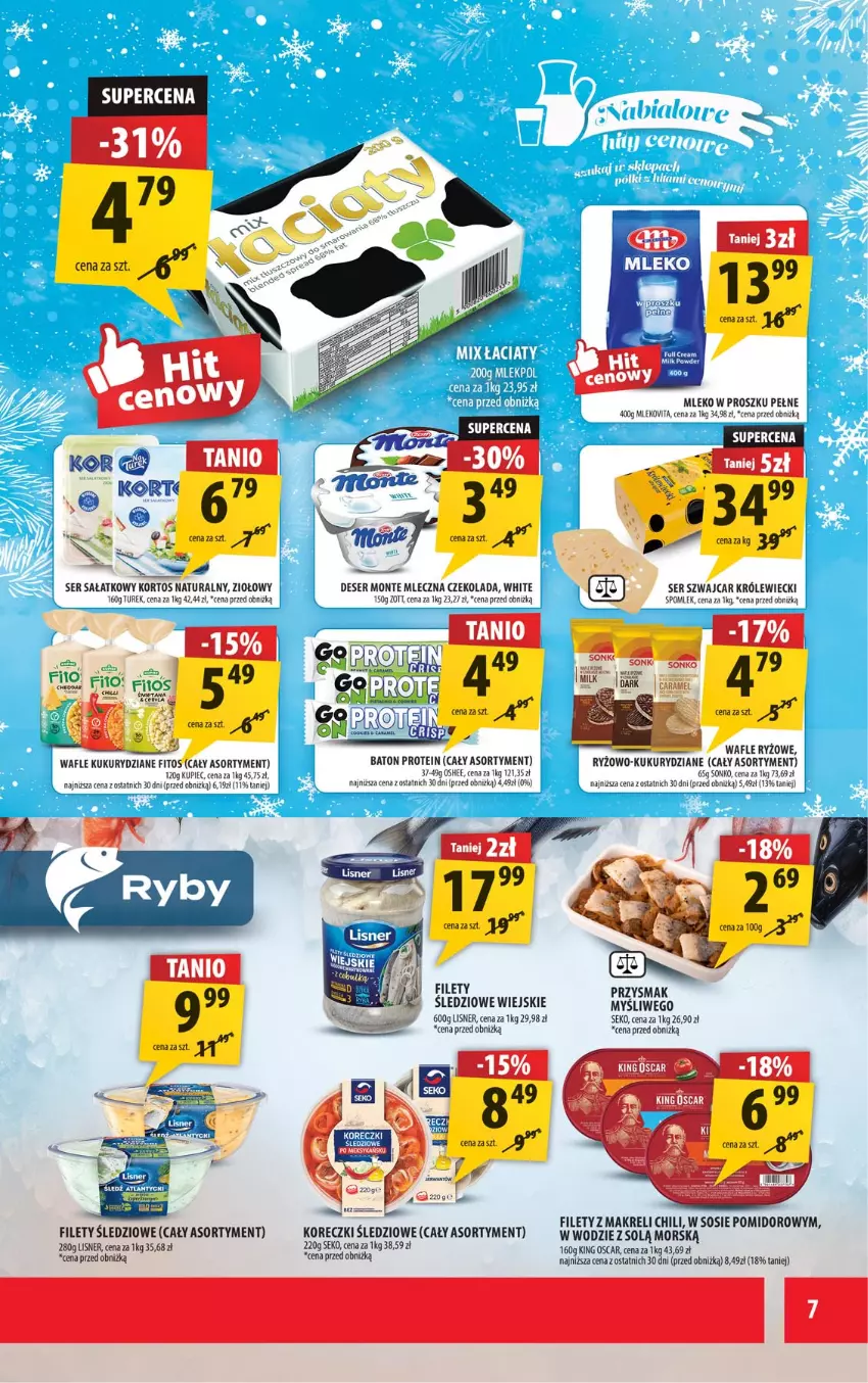 Gazetka promocyjna Arhelan - Gazetka - ważna 05.12 do 14.12.2025 - strona 7 - produkty: Baton, Czekolada, Deser, Koreczki śledziowe, Kupiec, LG, Lisner, Mleko, Mleko w proszku, Monte, Oshee, Piec, Ryż, Sałat, SEKO, Ser, Wafle