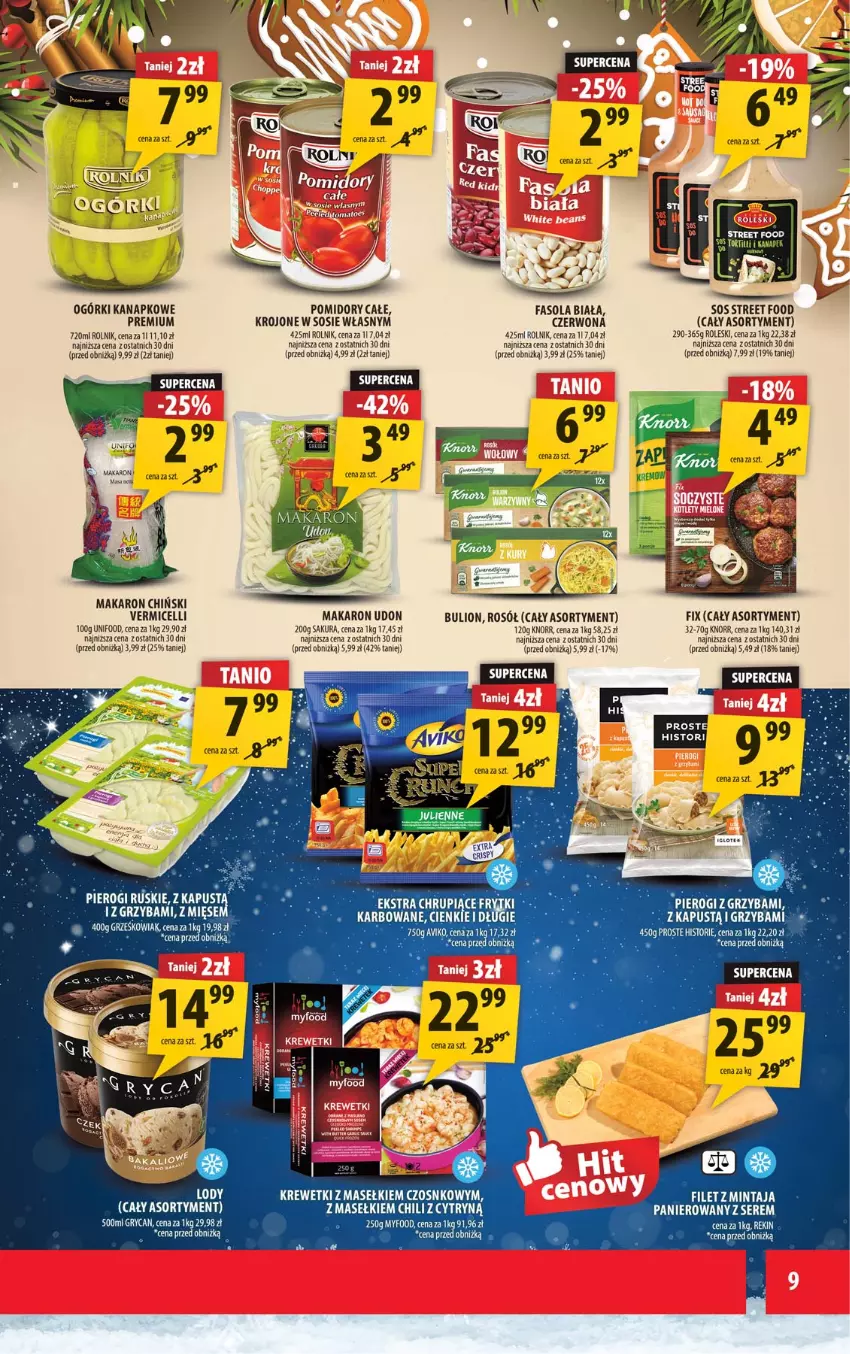 Gazetka promocyjna Arhelan - Gazetka - ważna 05.12 do 14.12.2025 - strona 9 - produkty: Bulion, Fa, Fasola, Filet z mintaja, Kapustą, Knorr, Krewetki, Lion, Lody, Makaron, Makaron chiński, Mintaj, Pierogi, Pomidory, Rolnik, Rosół, Ser, Sos