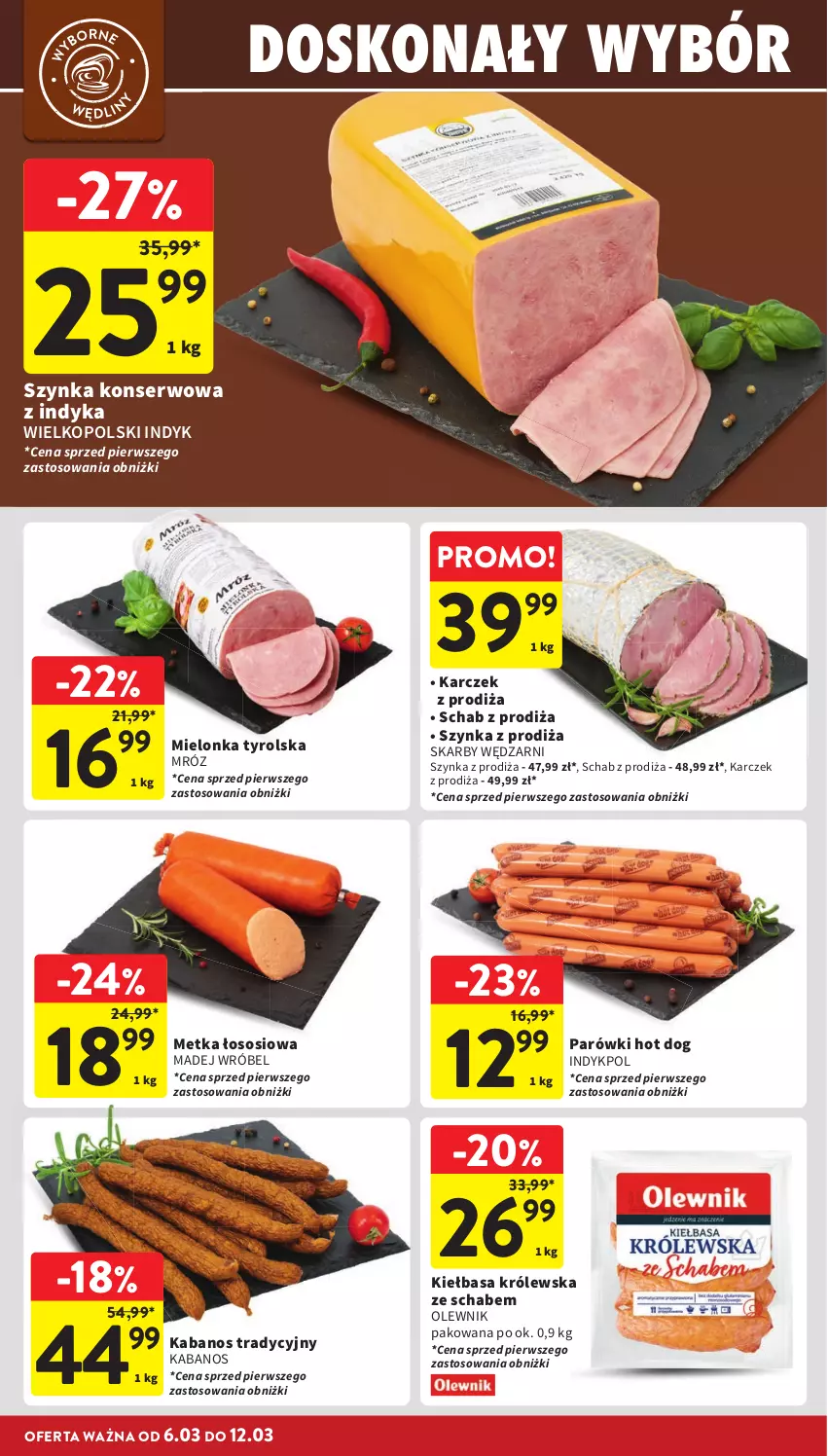 Gazetka promocyjna Intermarche - Gazetka Intermarche - ważna 06.03 do 12.03.2025 - strona 16 - produkty: Hot dog, Kabanos, Kiełbasa, Madej Wróbel, Mielonka tyrolska, Olewnik, Parówki, Parówki hot dog, Ser, Sos, Szynka, Szynka konserwowa