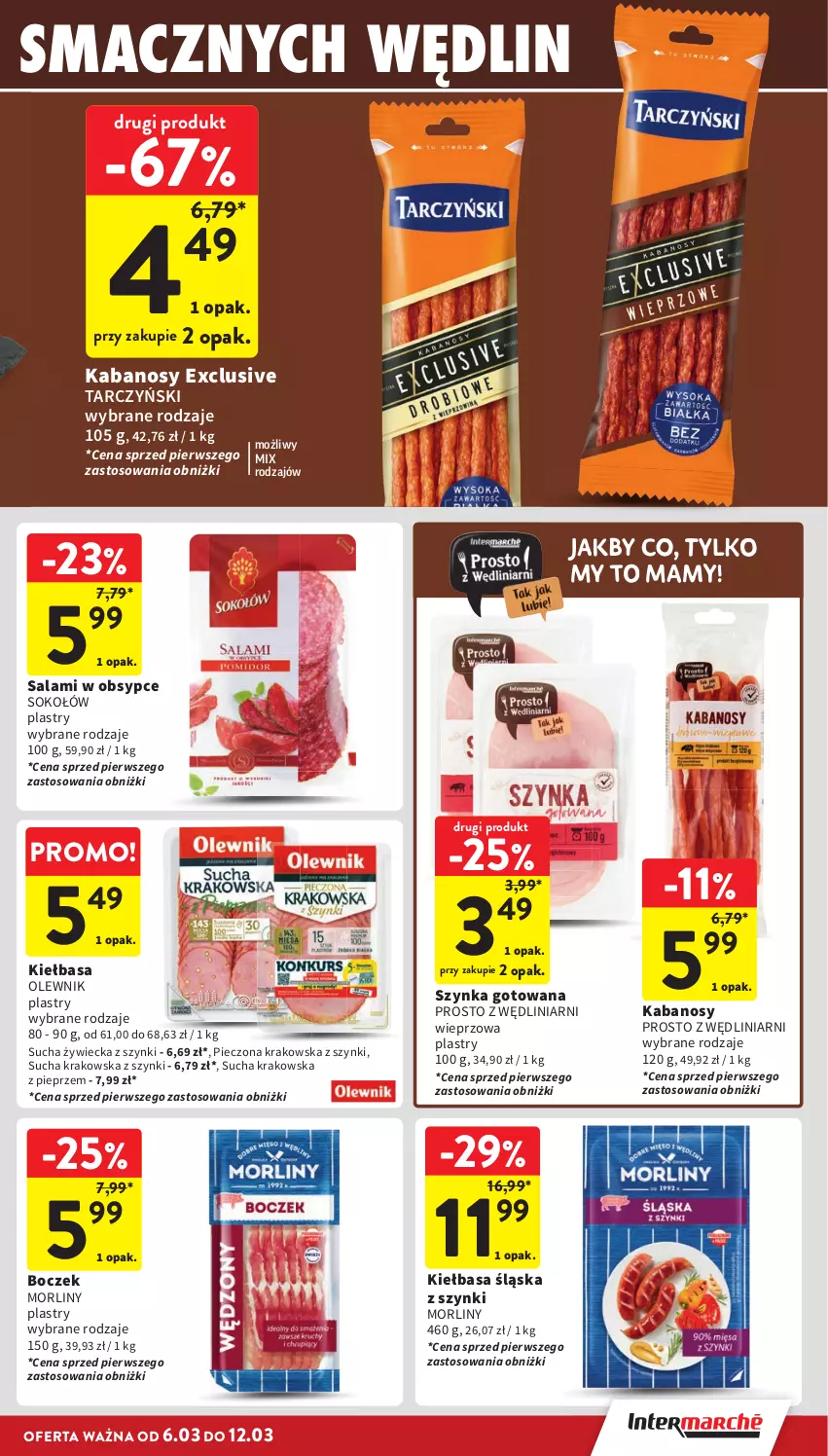 Gazetka promocyjna Intermarche - Gazetka Intermarche - ważna 06.03 do 12.03.2025 - strona 17 - produkty: Boczek, Kabanos, Kiełbasa, Kiełbasa śląska, Morliny, Olewnik, Piec, Pieprz, Salami, Sok, Sokołów, Szynka, Tarczyński