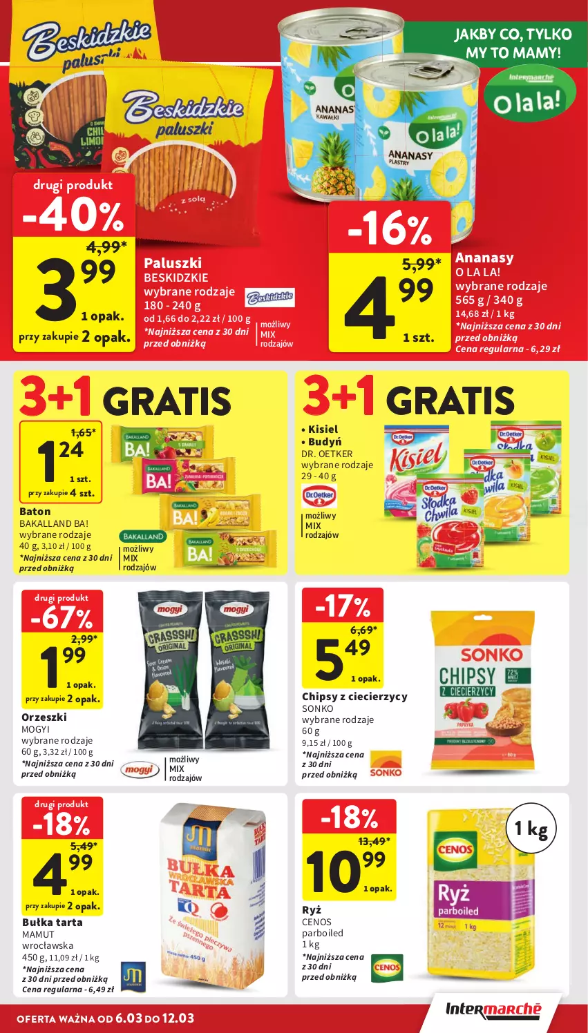 Gazetka promocyjna Intermarche - Gazetka Intermarche - ważna 06.03 do 12.03.2025 - strona 29 - produkty: Ananas, Ba!, Bakalland, Baton, Beskidzki, Budyń, Bułka, Bułka tarta, Cenos, Chipsy, Dr. Oetker, Gra, Kisiel, Orzeszki, Ryż, Sonko, Tarta