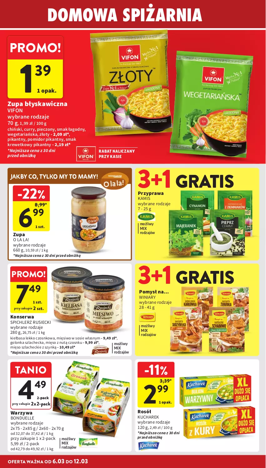 Gazetka promocyjna Intermarche - Gazetka Intermarche - ważna 06.03 do 12.03.2025 - strona 30 - produkty: Bonduelle, Gra, Kamis, Kiełbasa, Kucharek, Mięso, Piec, Rosół, Ser, Sos, Spichlerz Rusiecki, Warzywa, Winiary, Zupa