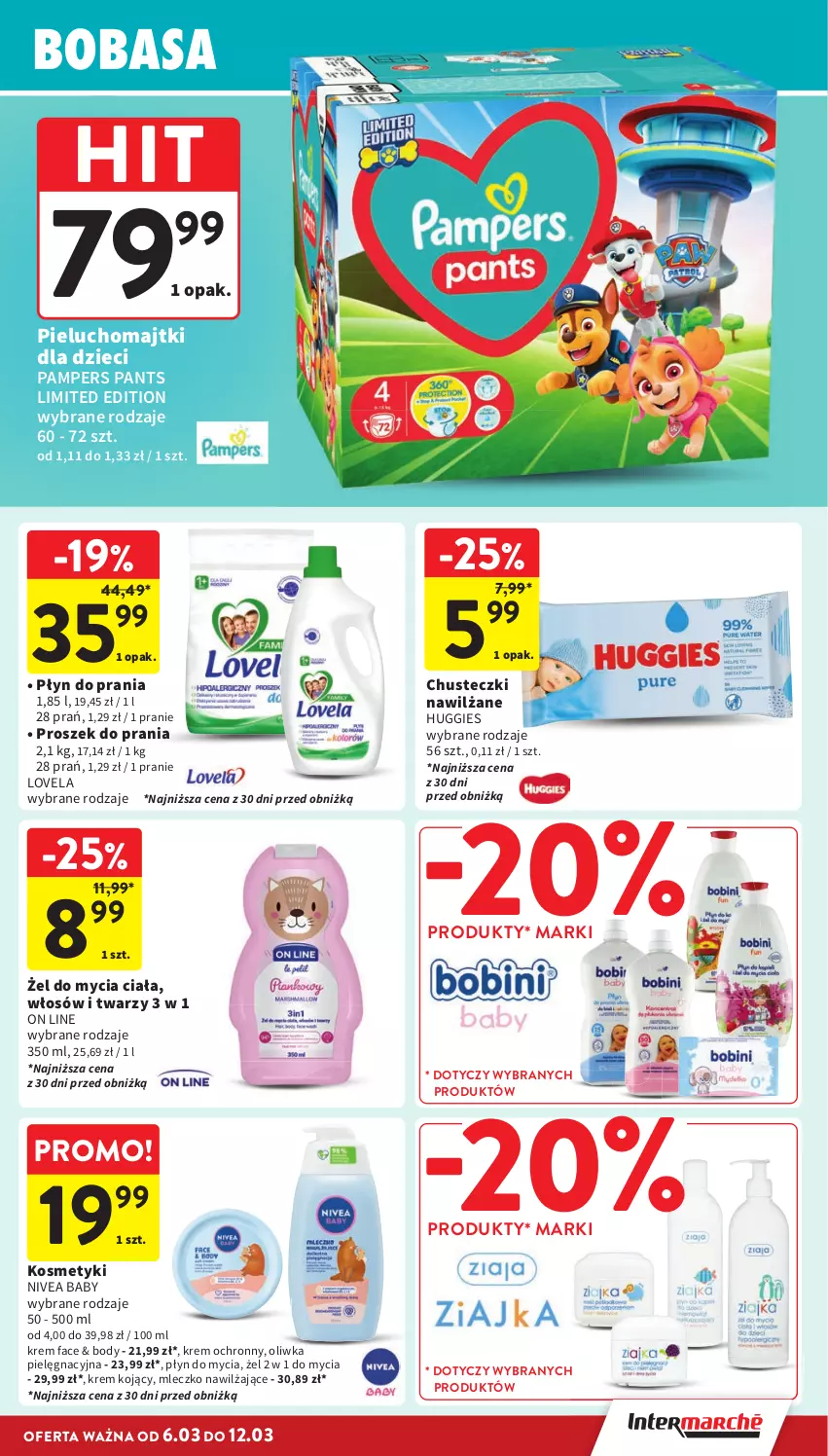 Gazetka promocyjna Intermarche - Gazetka Intermarche - ważna 06.03 do 12.03.2025 - strona 35 - produkty: Body, Chusteczki, Dzieci, Fa, Huggies, Lovela, Majtki, Mleczko, Nivea, Nivea Baby, Pampers, Pieluchomajtki, Płyn do mycia, Płyn do prania, Proszek do prania