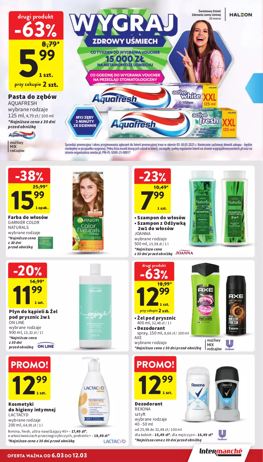 Gazetka promocyjna Intermarche - Gazetka Intermarche - ważna 06.03 do 12.03.2025 - strona 37 - produkty: Aquafresh, BIC, Dezodorant, Fa, Farba do włosów, Garnier, Joanna, Lactacyd, Pasta do zębów, Płyn do kąpieli, Rexona, Szampon