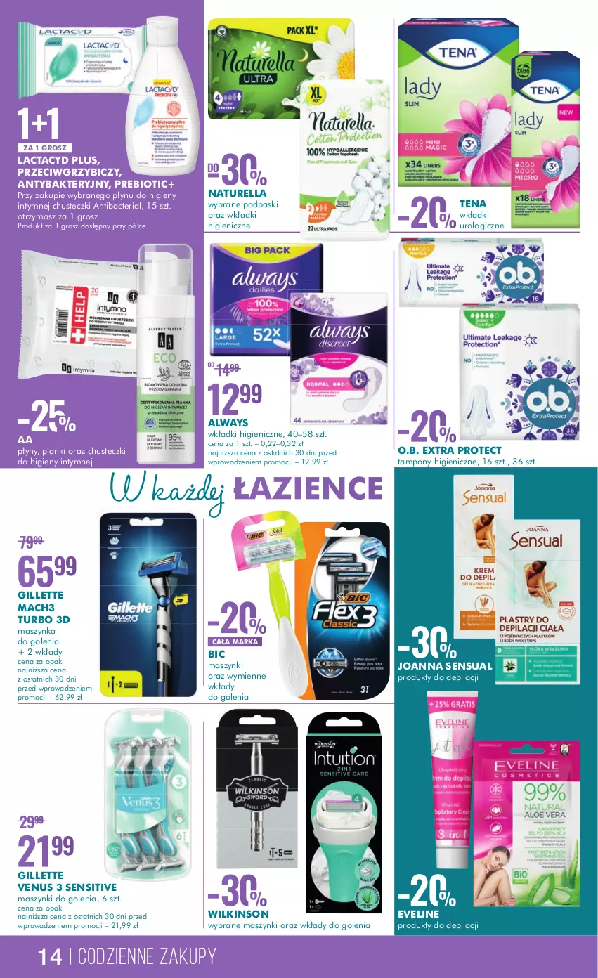 Gazetka promocyjna Super Pharm - Gazetka - ważna 02.03 do 15.03.2023 - strona 14 - produkty: Always, BIC, Chusteczki, Chusteczki do higieny, Eveline, Gillette, Gillette Venus, Joanna, Lactacyd, Mach3, Maszynka, Maszynka do golenia, Naturell, Naturella, O.B., Podpaski, Sensual, Szynka, Tampony, Venus, Wkładki, Wkładki urologiczne