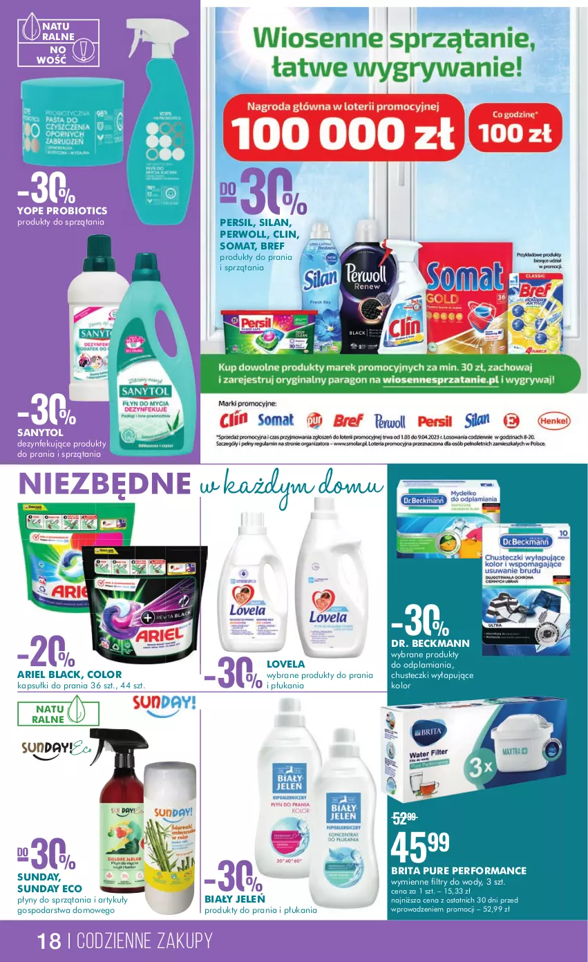 Gazetka promocyjna Super Pharm - Gazetka - ważna 02.03 do 15.03.2023 - strona 18 - produkty: Ariel, Biały Jeleń, Bref, Brit, Brita, Chusteczki, Clin, Kapsułki do prania, Lack, Lovela, Persil, Perwoll, Pur, Sanytol, Silan, Somat, Yope