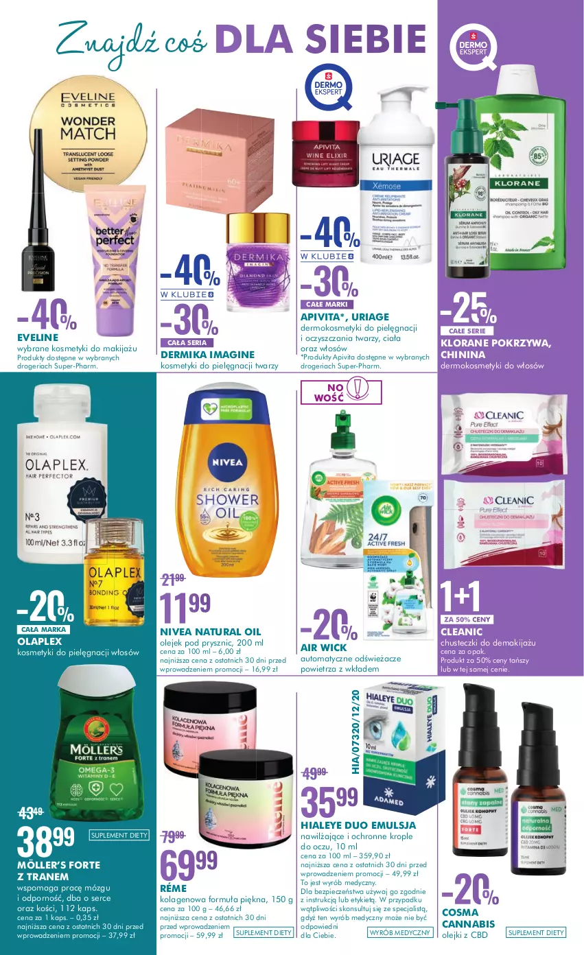 Gazetka promocyjna Super Pharm - Gazetka - ważna 02.03 do 15.03.2023 - strona 3 - produkty: Air Wick, Chusteczki, Cleanic, Dermika, Emulsja, Eveline, Gin, Klorane, Kolagen, Kosmetyki do pielęgnacji, Krople do oczu, Makijaż, Nivea, Olej, Olejek pod prysznic, Piec, Por, Ser, Suplement diety, Tran